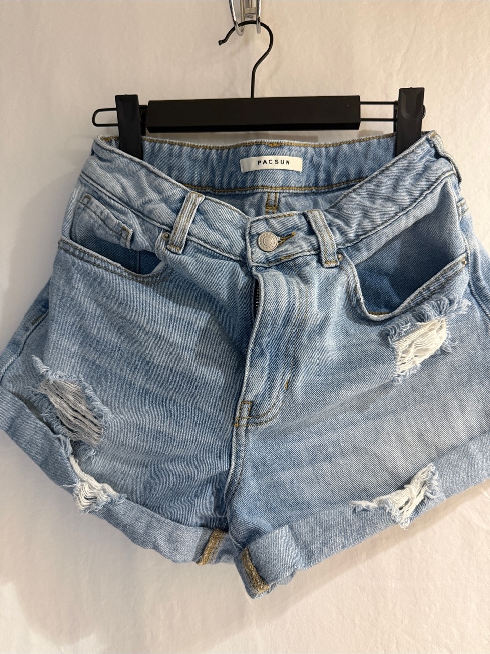 PacSun Faded Light Blue High-Rise Distressed Denim MOM Short Sz 26